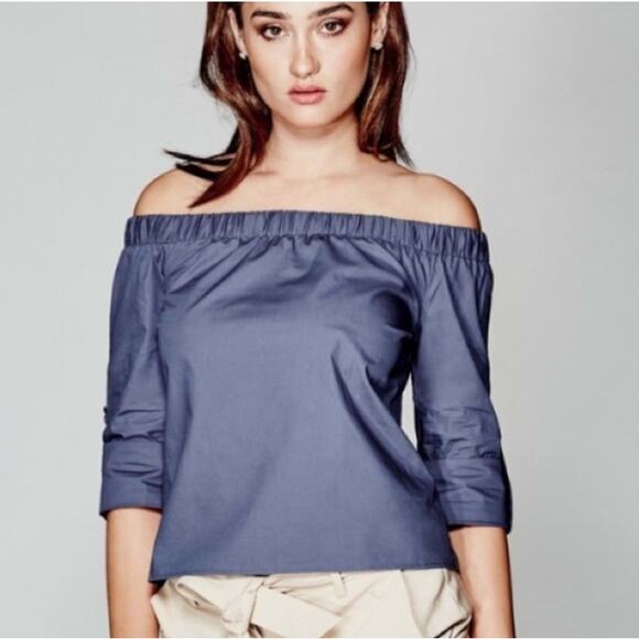Marciano Maddie Poplin Off the Shoulder 100% Cotton Blue top Sz M - Picture 1 of 10